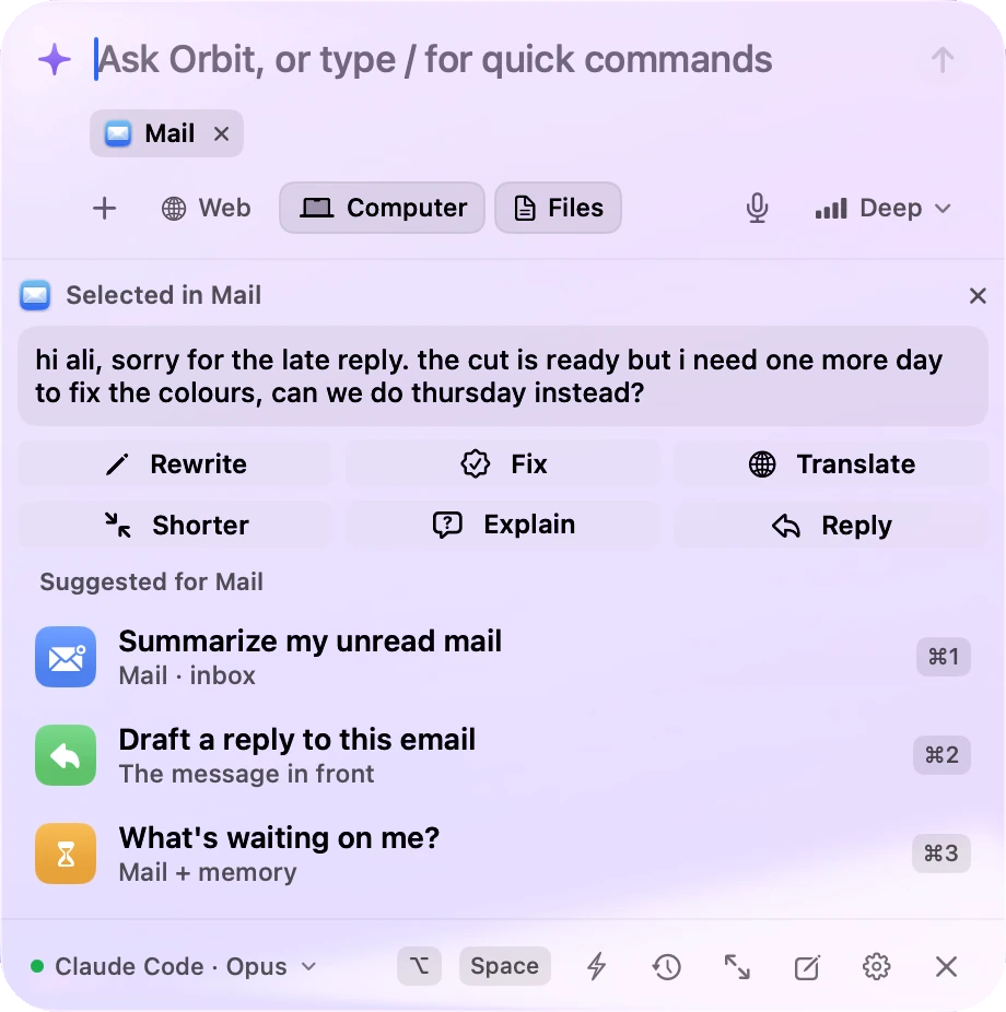 Quick actions for text selected in Mail